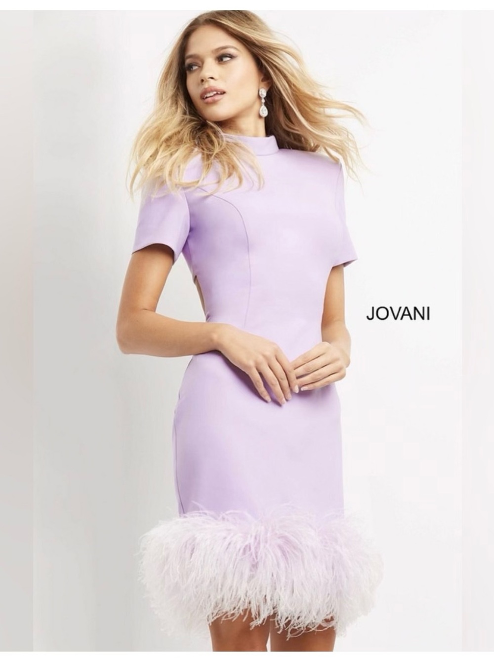 Jovani Lilac Feather-Hem Midi Dress